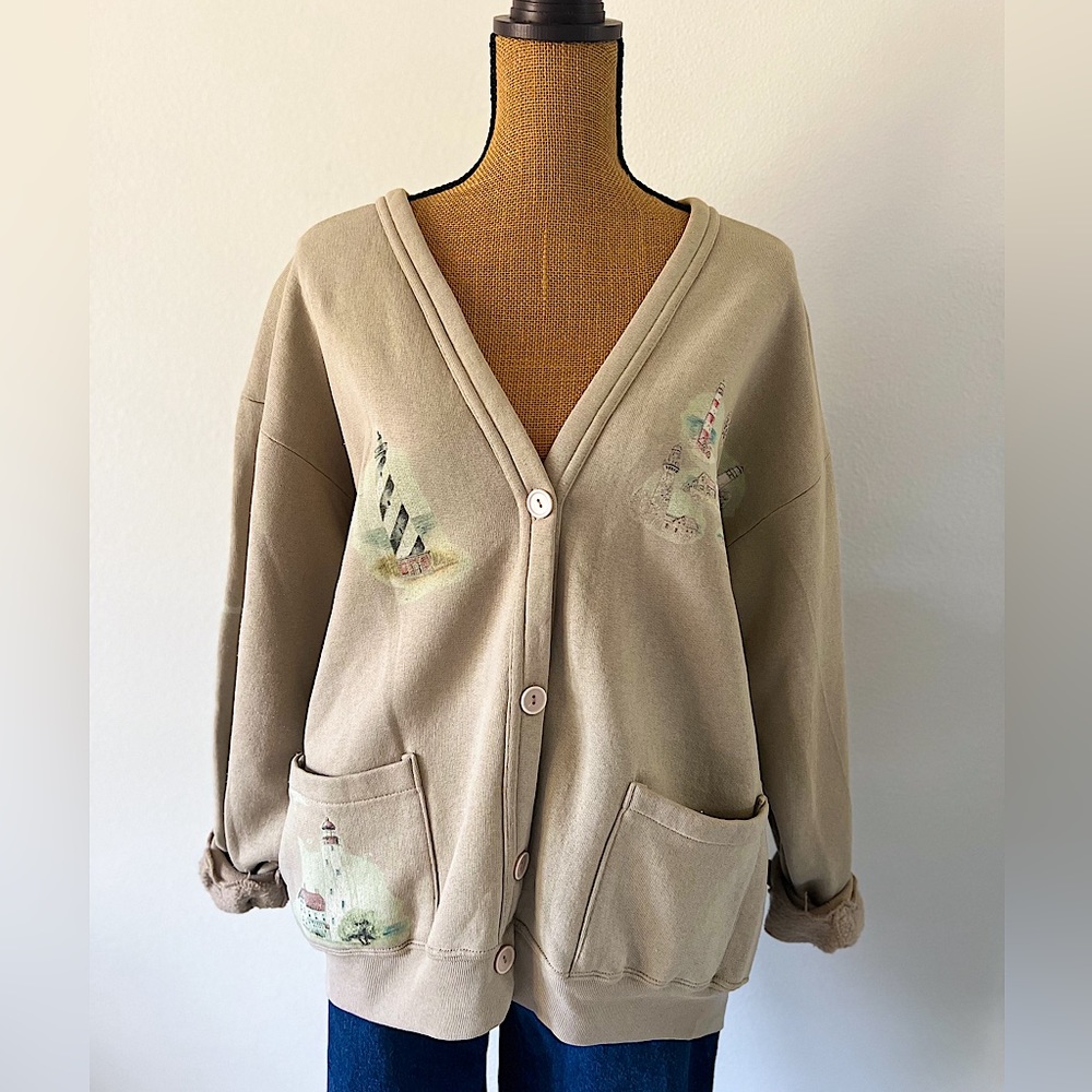 Beige V-Neck Button Front Women's Cardigan Sweater